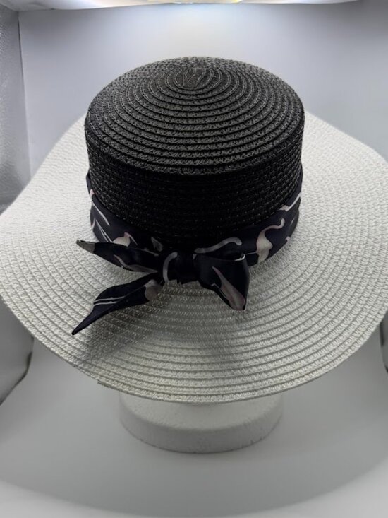 NEW Wide Brim Straw Sun Hat Black White Flamingo Ribbon Elegant Summer Style main image 4